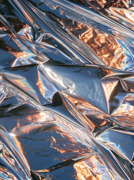 Abstract silver metallic foil background with crinkled texture and warm golden light reflections