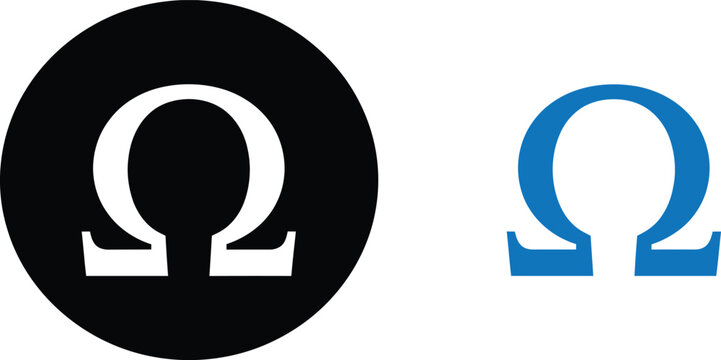 Greek letter omega symbol in a black circle and isolated blue icon design