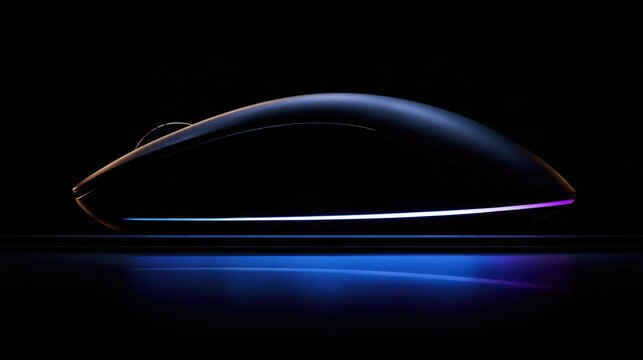 Wireless gaming mouse with neon led lighting profile on a dark background with copy space