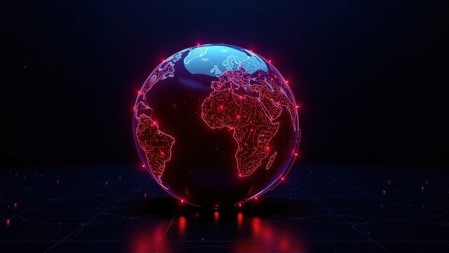 Glowing globe depicts Earth. Red lines highlight continents, oceans shine blue. Dark background suggests digital space, connectivity.