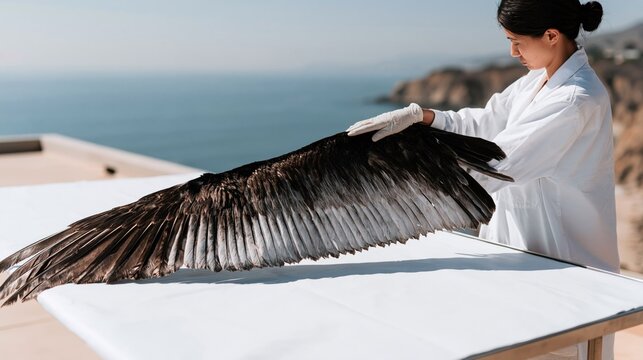 Wildlife biologist examining a bird wing on a table outdoors with ocean background