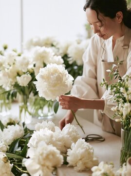 Asian florist arranging white peonies in a bright workshop with copy space for floral business