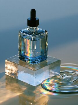 Glass dropper bottle with serum on a crystal block with water ripples and rainbow light refraction