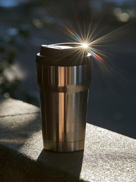 Stainless steel travel mug with lens flare on a concrete ledge with copy space