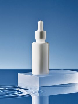 White cosmetic dropper bottle on a glass pedestal with water ripples against a blue background