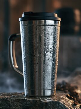 Stainless steel travel mug with water droplets on a stone surface with coffee beans