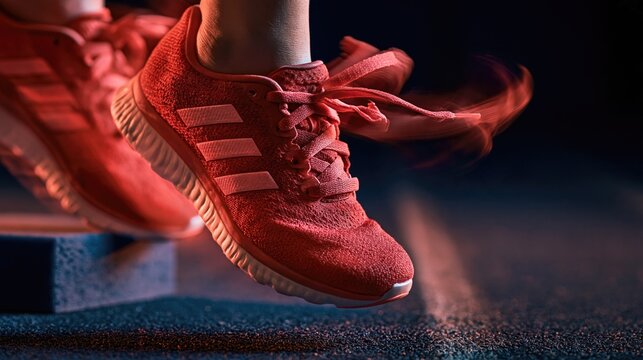 Red running shoes on starting blocks in a stadium with motion blur for athletic performance concept