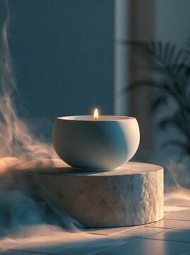 Diwali candle burning on a stone pedestal with atmospheric smoke and soft lighting for celebration