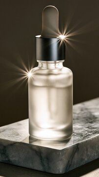 Glass dropper bottle with serum on a marble surface with dramatic lens flare and copy space