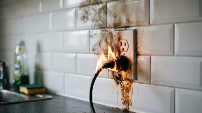 A close up view of a kitchen wall socket experiencing a severe electric burn, with flames and smoke rising from a melting black plug inserted into the white tiled background
