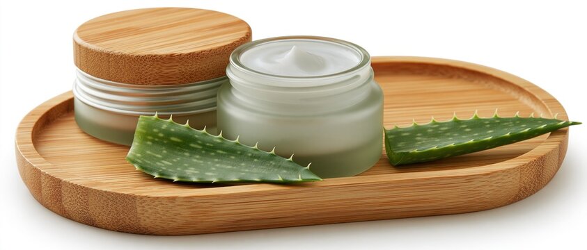 Aloe vera cream in glass jar on wooden tray with fresh leaves for organic skincare presentation