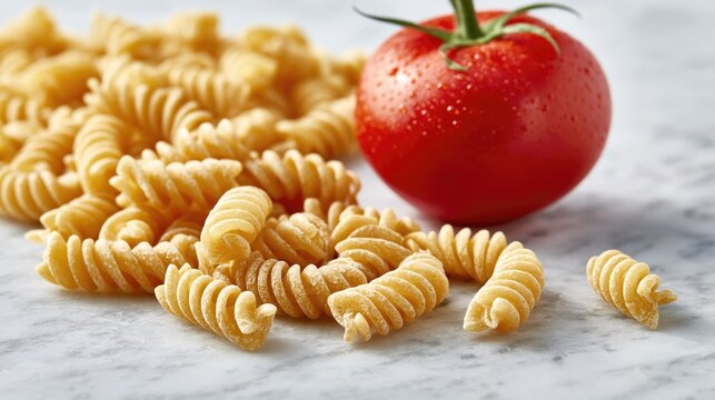 Raw fusilli pasta and a fresh red tomato on a white marble surface with copy space