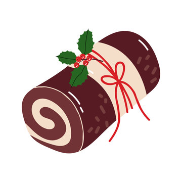 Christmas chocolate yule log roll cake vector illustration