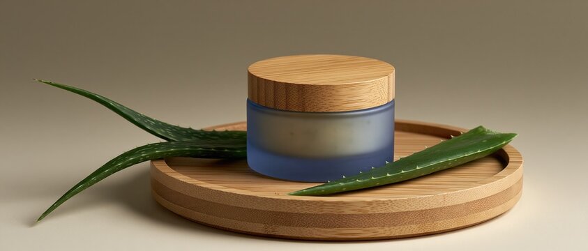 Aloe vera cream jar with wooden lid on a bamboo tray for organic skincare product presentation