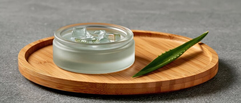 Aloe vera gel in a glass jar with ice cubes on a wooden tray for skincare and wellness concepts