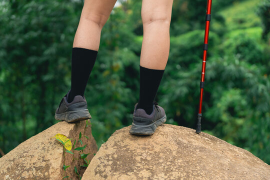Close-up of person wearing black sock and sneaker standing on large rock with trekking pole in green outdoor nature setting