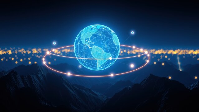 Glowing Earth image depicts global network connections above mountains. Digital lines represent data transfer, technology, communication systems.