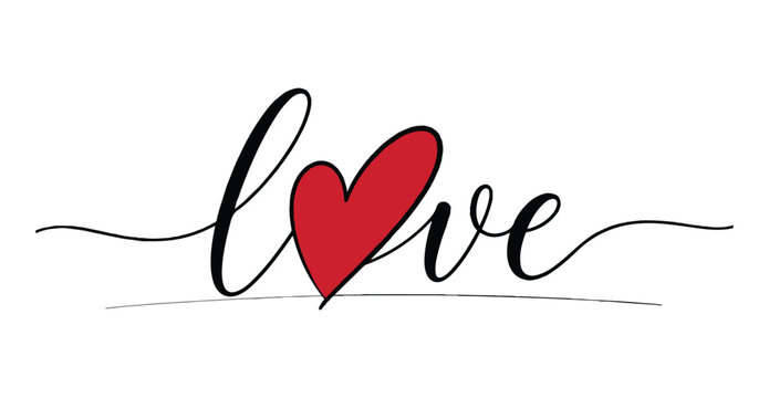 Love script typography lettering design with large red heart and dashed underlines
