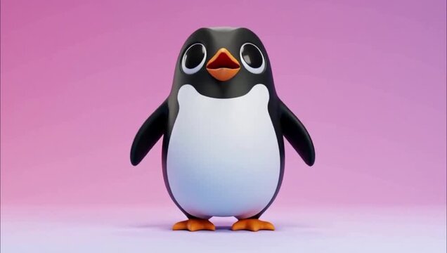 A cute 3D rendered cartoon penguin character standing against a soft pink and purple gradient background.