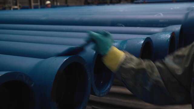 Ductile iron pipe coating worker manually paints socket ends during factory finishing, applying protective layer to large infrastructure pipeline products.