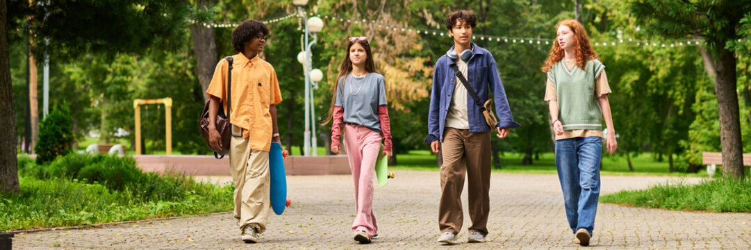 Website header shot of multiethnic diverse teenagers walking together in park holding skateboards, enjoying youth friendship outdoors. Ideal for youth lifestyle marketing and back to school campaigns