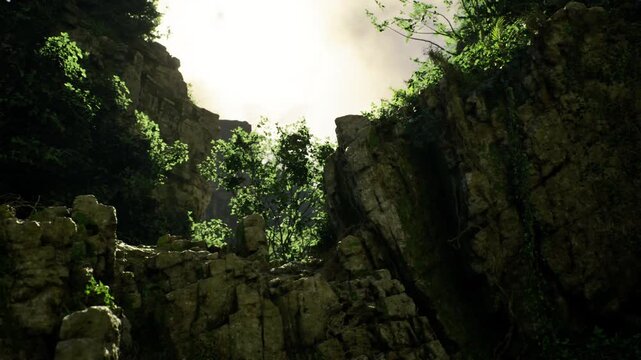 upward view skylit rock gorge with towering cliffs framing bright canopy and glimpses of sky, dappled light on crevice walls, vertical composition conveying