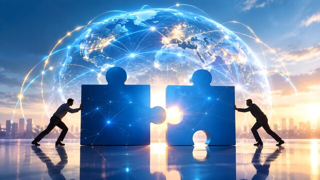 Two businessmen pushing large blue glowing puzzle pieces together underneath globe. Concept of global corporate merger, international joint venture, and strategic problem solving.
