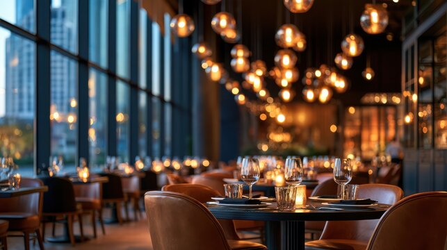 A spacious, modern luxury restaurant dining room featuring an open-concept design with elegant tower lighting and stylish decor, perfect for upscale dining experiences.