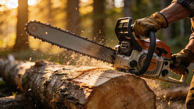Extreme close-up of chainsaw blade cutting wood log with flying sawdust.