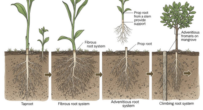Plant root system development stages from taproot to climbing root during growth isolated on transparent background
