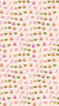 Pattern of cartoon icons: cups, envelopes, phones, and locks