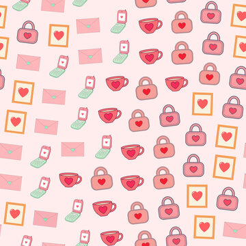 Pattern of hearts, locks, cups, envelopes, and phones