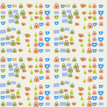 Pattern of icons: locks, cups, envelopes, and fruit shapes