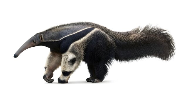 A side view of a large anteater with a long snout, distinctive coat, and fluffy tail, isolated on white
