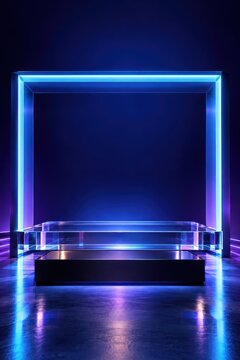 Cyber Monday Transparent Glass Product Platform in Blue Neon Portal
