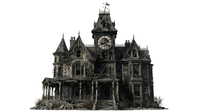 Ruined and broken Victorian gothic clock tower house with shattered glass and decay on a white background.