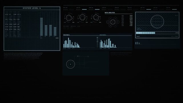 Futuristic blue HUD data dashboard with graphs and analytics panels