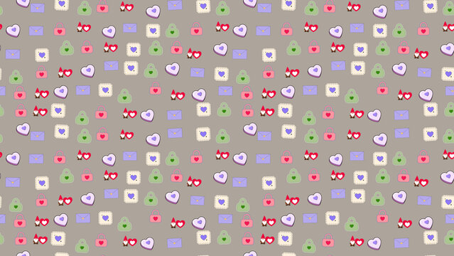Valentine's Day pattern with hearts, envelopes, locks, and gnomes