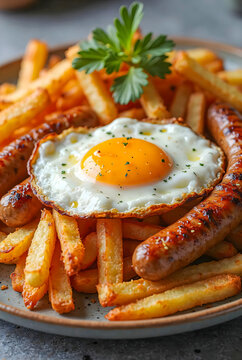 Fried eggs, sausage with cips