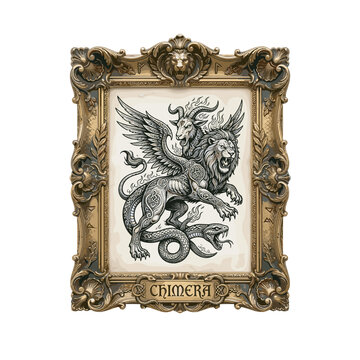 Ornate chimera tattoo featuring a winged lion, horned goat, and serpent tail inside a vintage gold frame, illustrated with intricate fantasy details and classical mythological styling
