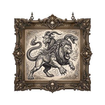 Mythological chimera tattoo featuring a fierce lion, horned goat, and serpent tail inside an ornate gothic frame with skull accents, flames, and detailed vintage fantasy engraving