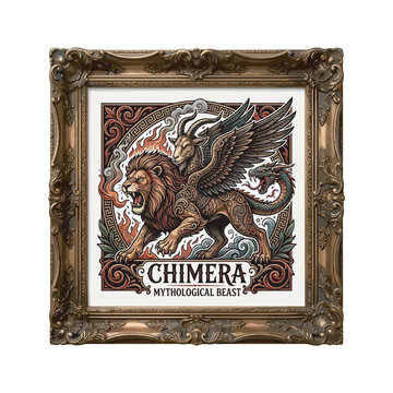 Mythological chimera tattoo featuring a roaring lion, horned goat, serpent tail, and large wings inside an ornate vintage frame, rendered in bold decorative fantasy illustration style