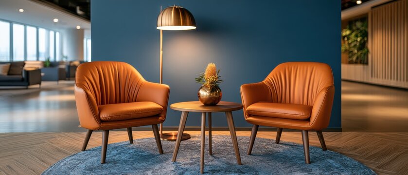 Modern upscale corporate office lounge captured in ultra-wide view, showcasing sleek design, comfortable seating, and a professional atmosphere ideal for business meetings and relaxation.