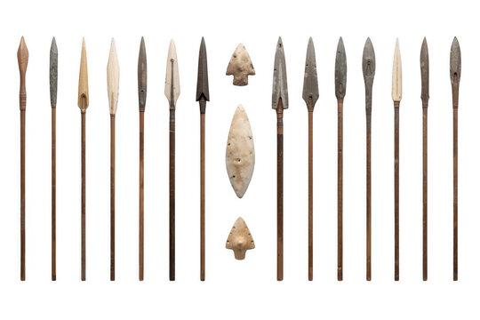 Collection of ancient spearheads and long wooden spears