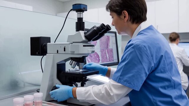 Laboratory pathologist examines breast tissue samples under a microscope for postoperative pathology analysis following breast cancer surgery.