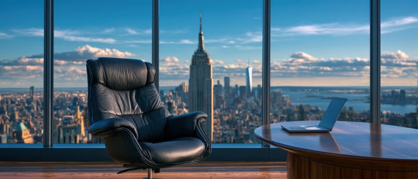 A luxurious investment banking office with a panoramic city view, showcasing professionalism, modern design, and a prestigious corporate environment.