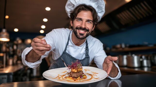 A professional chef expertly plating a gourmet culinary dish with delicate presentation and fine dining aesthetics in a high-end kitchen environment.