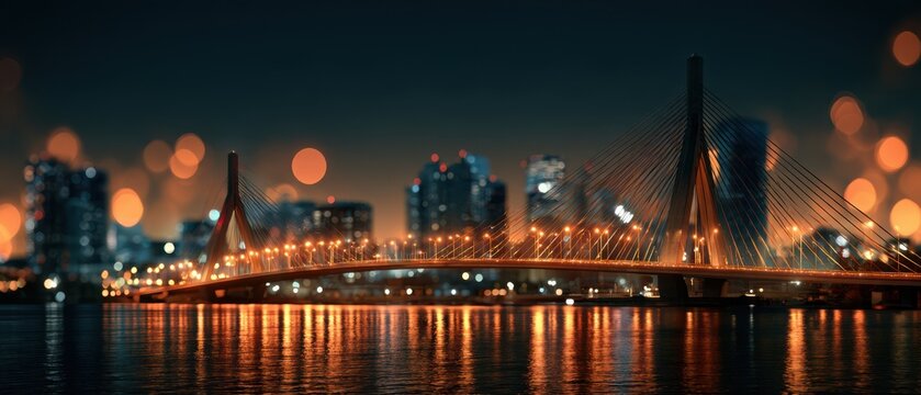 A sleek modern suspension bridge illuminated at night, showcasing architectural elegance and vibrant lighting over a dark urban backdrop.