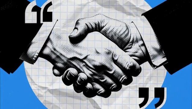 Business handshake illustration with quotation marks on a blue background.