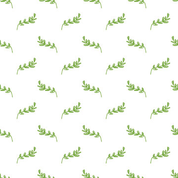 Seamless repeating pattern of hand-drawn green leafy branches on white background. Clean botanical design perfect for textiles, wallpapers, wrapping paper, and creative decorative projects